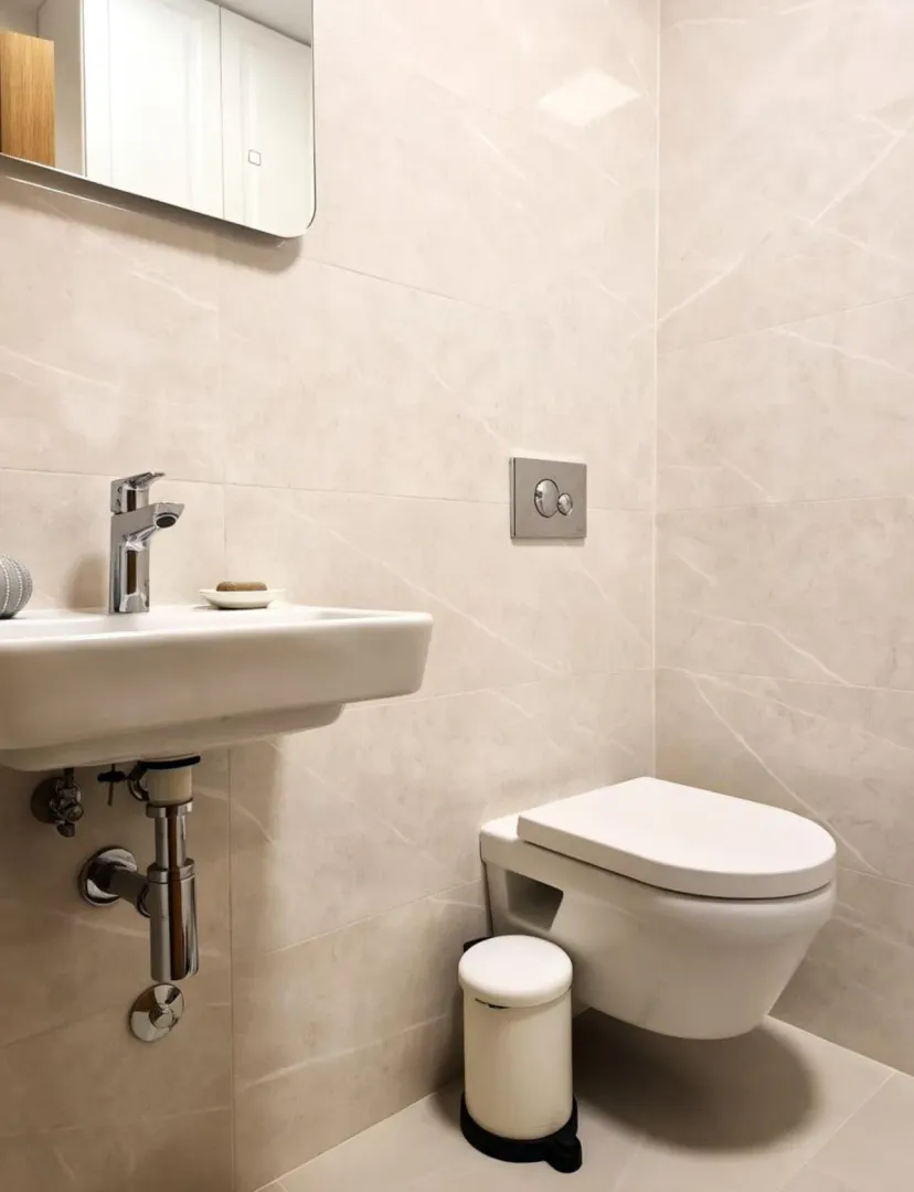 Moderne opremljeno kupatilo sa umivaonikom i wc šoljom.