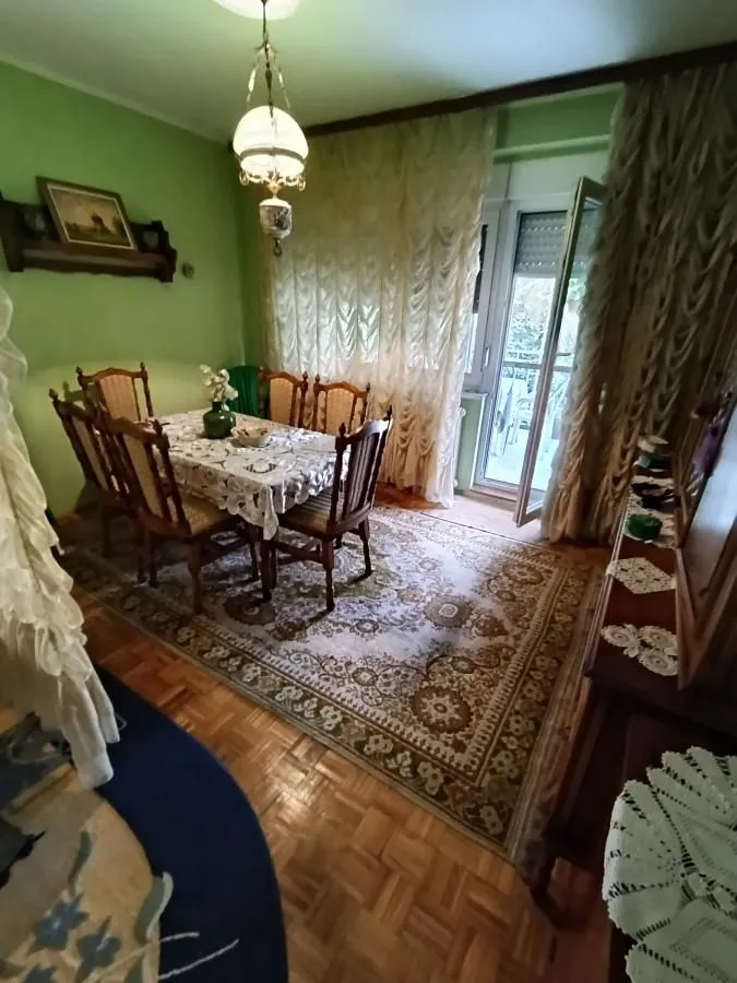 Dnevna soba sa trpezarijskim stolom, stolicama i tepihom.