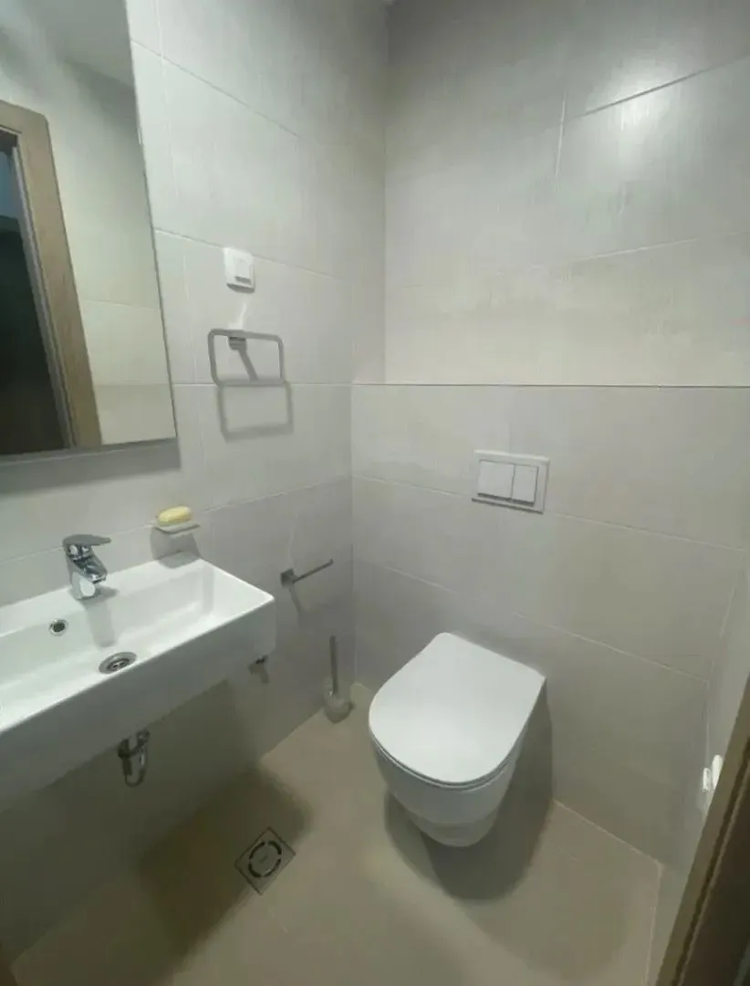 Smaller bathroom with a sink and toilet in light tones.