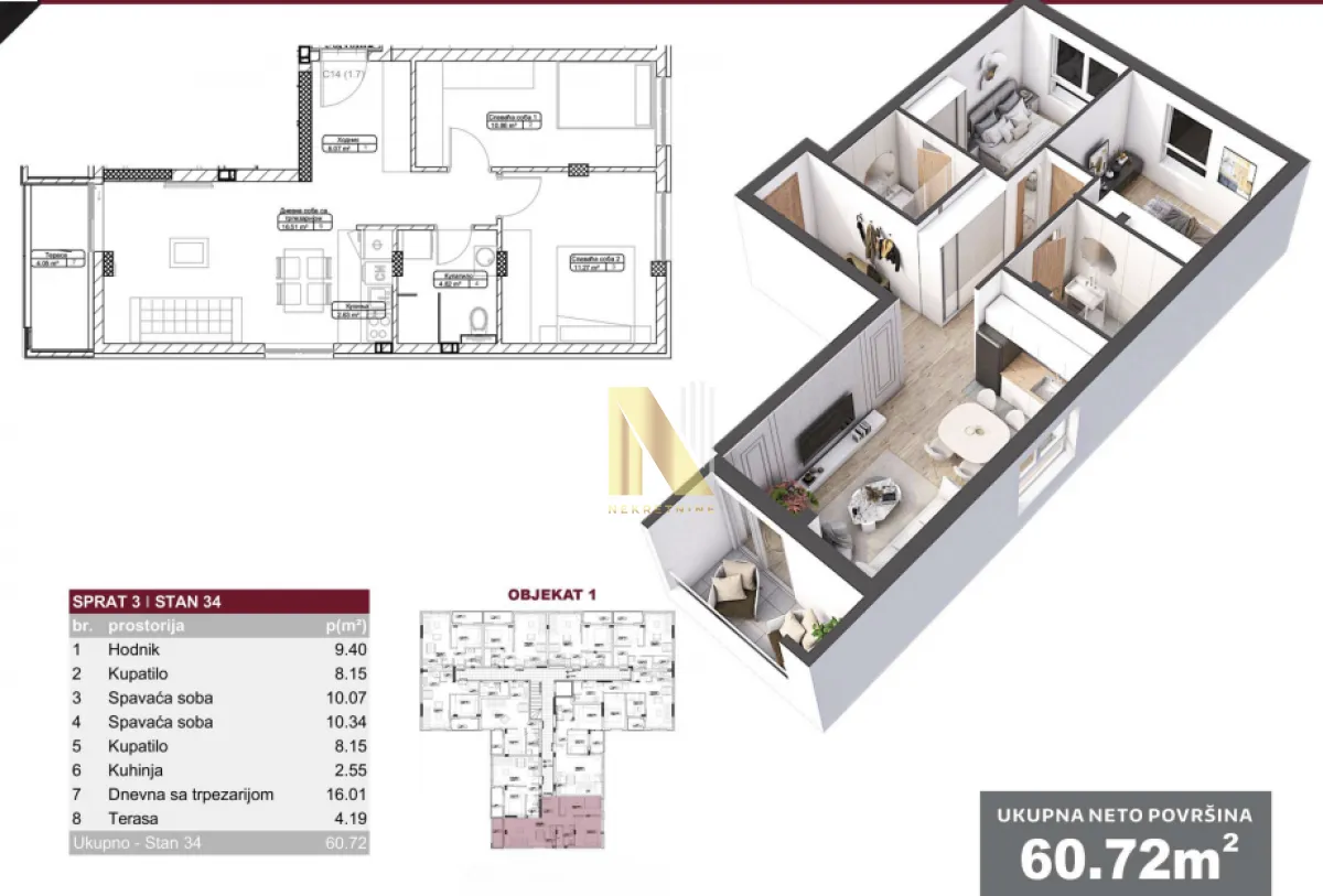 Sale, two bedroom apartment, 61m², Telep, Novi Sad Sve Podlokacije