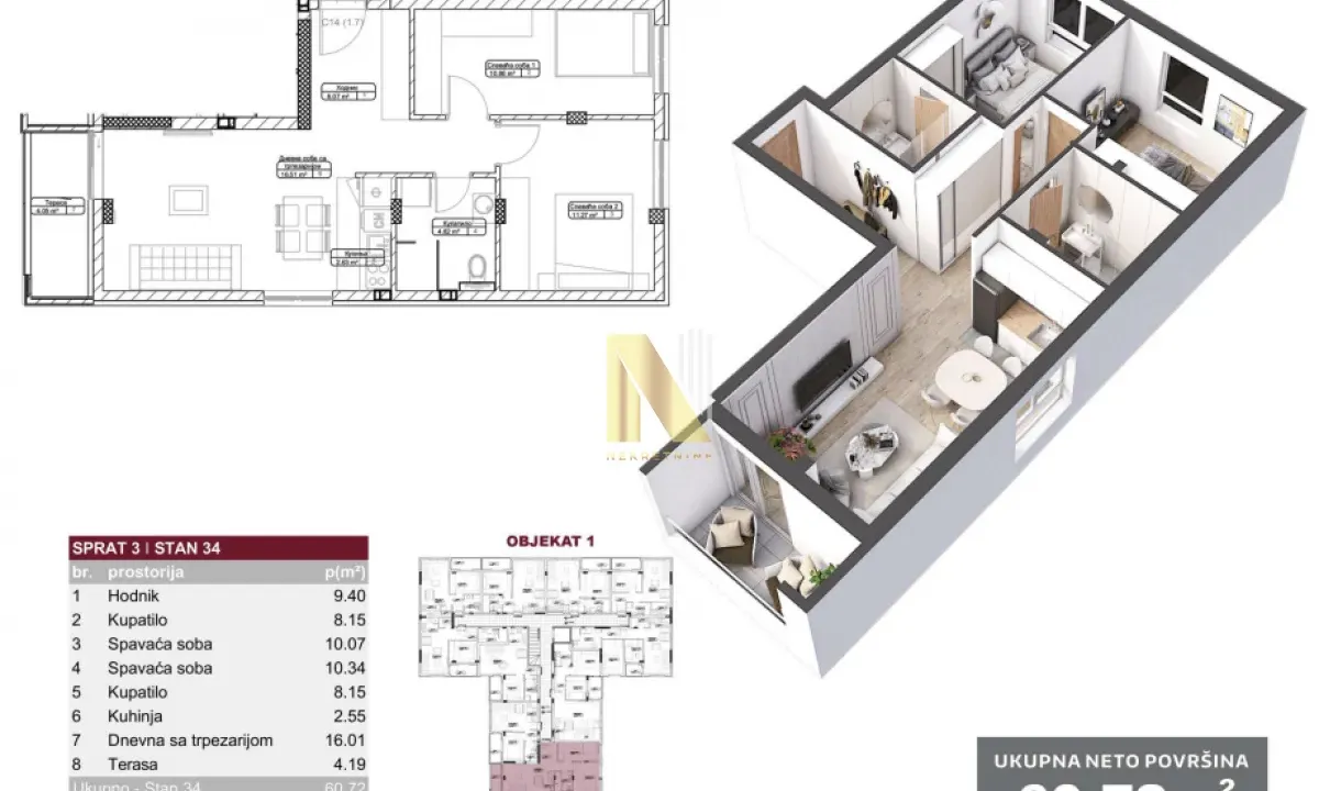 Sale, two bedroom apartment, 61m², Telep, Novi Sad Sve Podlokacije