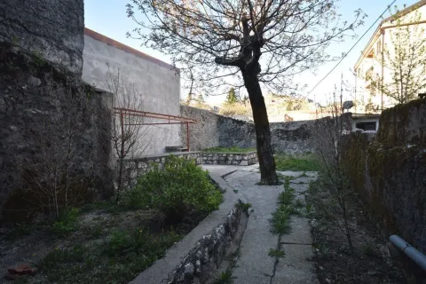 Kameno dvorište sa betonskim stazama, drvećem i ogradnim zidom. - image 7