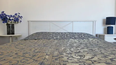Bračni krevet sa uzglavljem, noćnim stočićima i vazarom sa cvijećem. - image 14