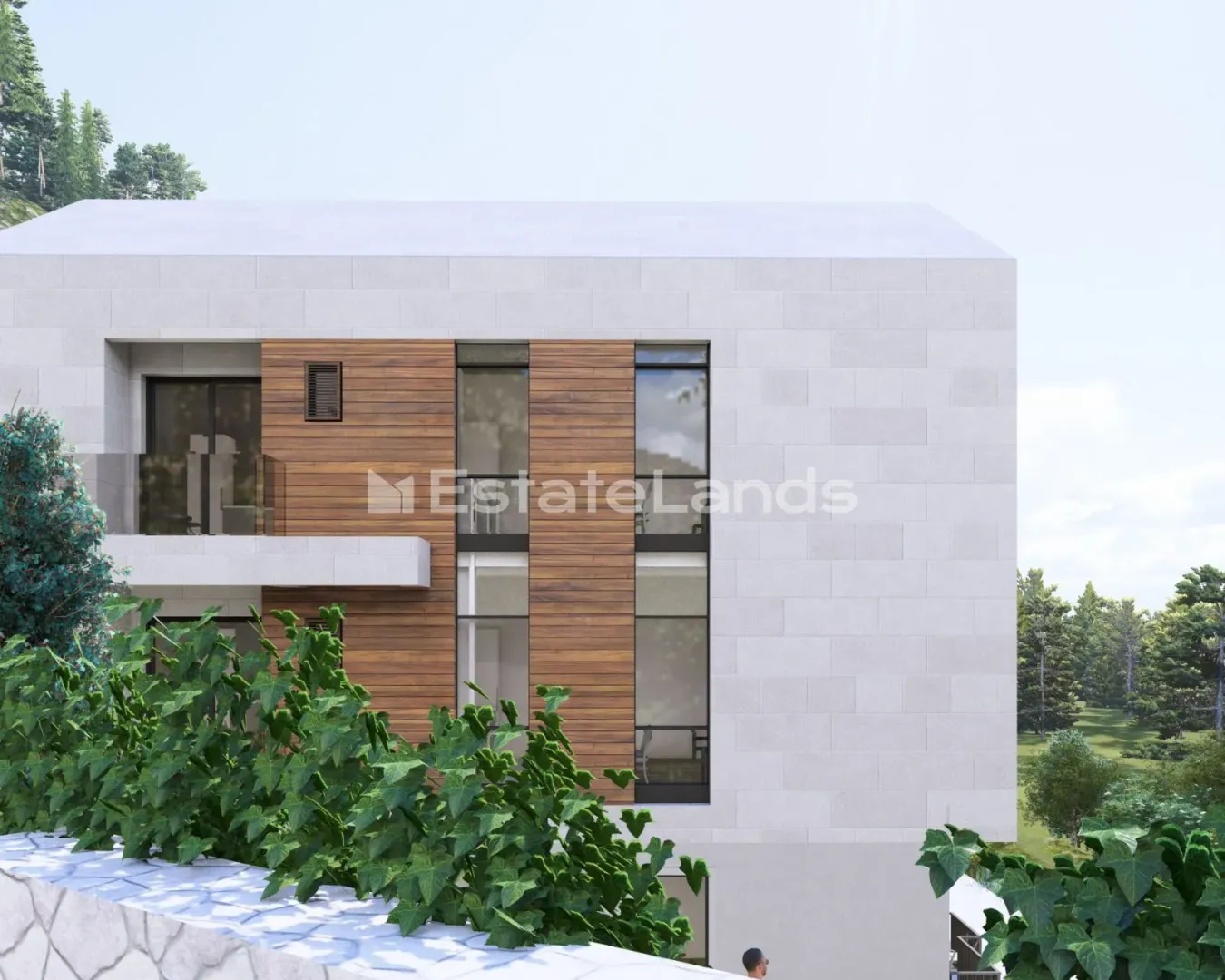 Spoljašnji izgled moderne kuće sa drvenim i kamenin detaljima.