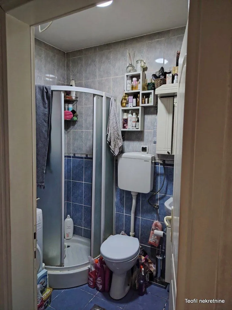 Manje kupatilo sa tuš kabinom, WC šoljom i zidnim pločicama.
