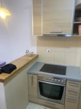 Part of a kitchen with a built-in stove, oven, and wooden cabinets. - image 9