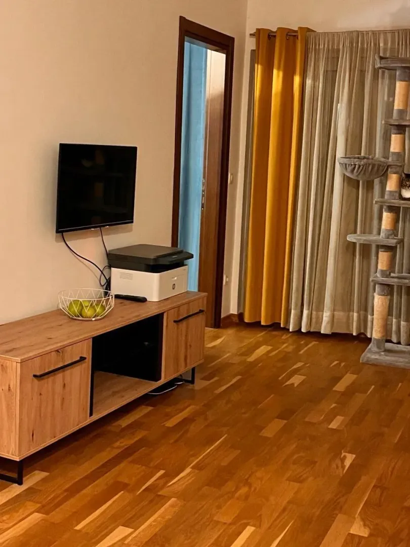 Dnevni boravak sa drvenom komodom, televizorom i stubom za mačke.