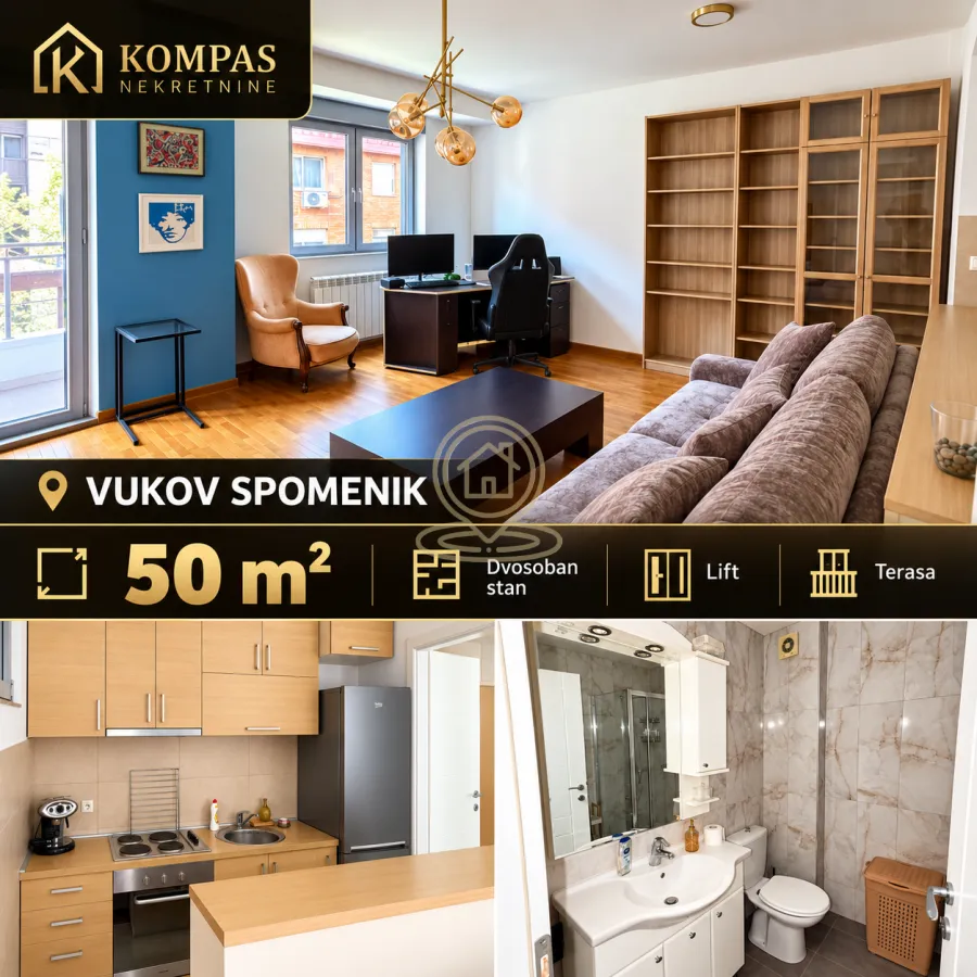 Combined view of the living room, kitchen, and bathroom in the apartment.