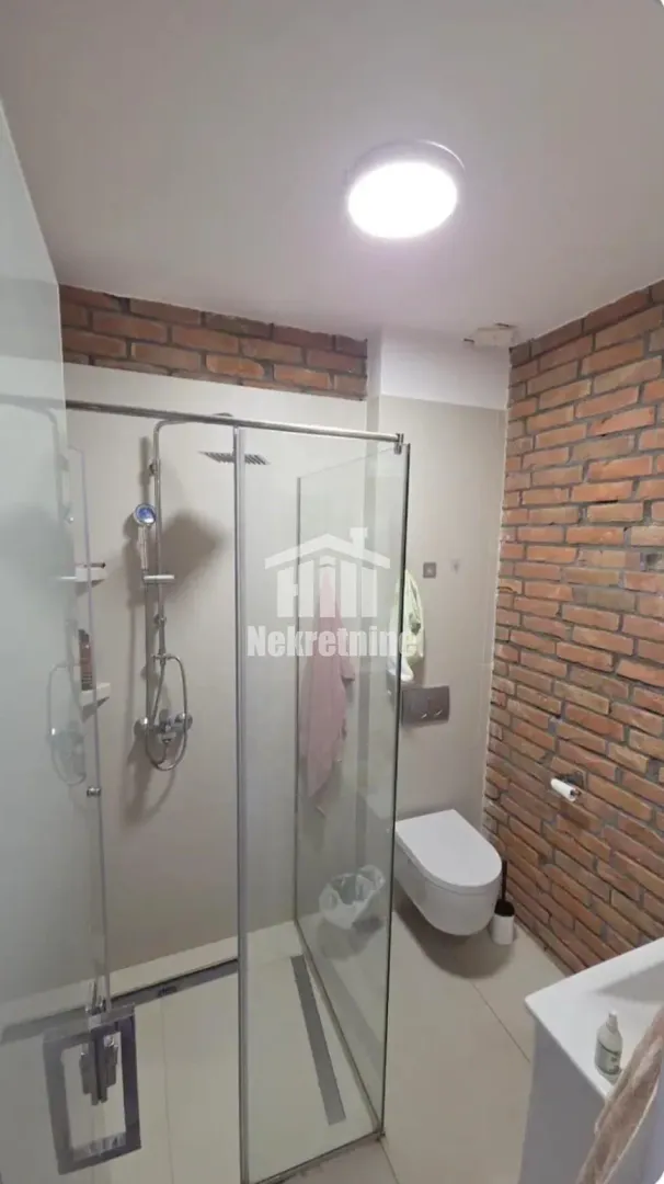 Kupatilo sa tuš kabinom, WC šoljom i detaljima od cigle.