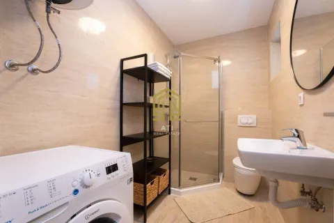 Bathroom equipped with a shower cabin, washbasin, and washing machine. - image 10