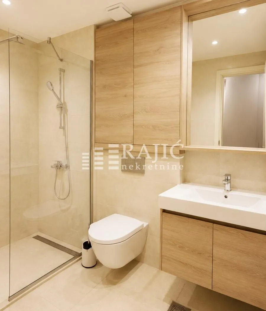 Modernly equipped bathroom with a walk-in shower and built-in vanity.