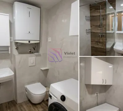 Compact bathroom with a shower cabin, toilet, water heater, and washing machine. - image 7