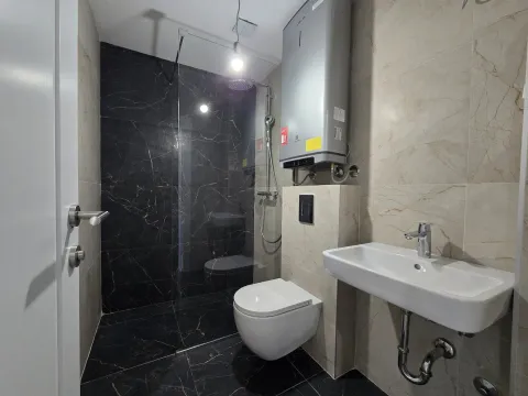 Modernly equipped bathroom with a walk-in shower, toilet, and sink. - image 7