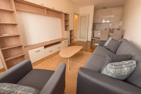 Svijetla dnevna soba sa sivom garniturom i drvenim namještajem. - image 13