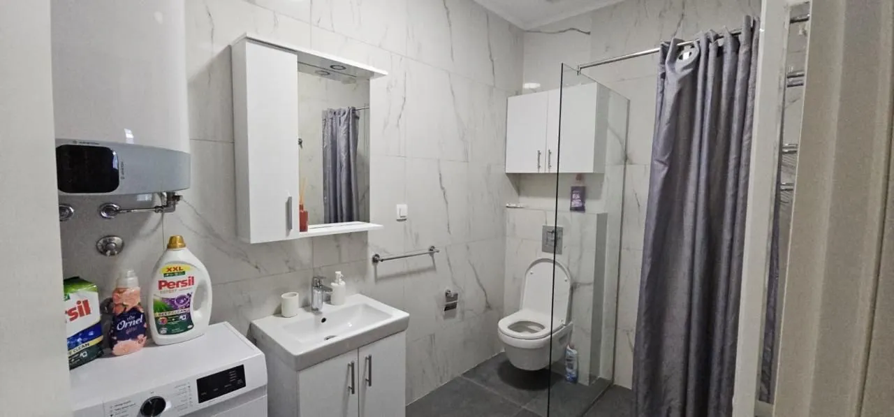 Modern bathroom with a walk-in shower, washbasin, and toilet.