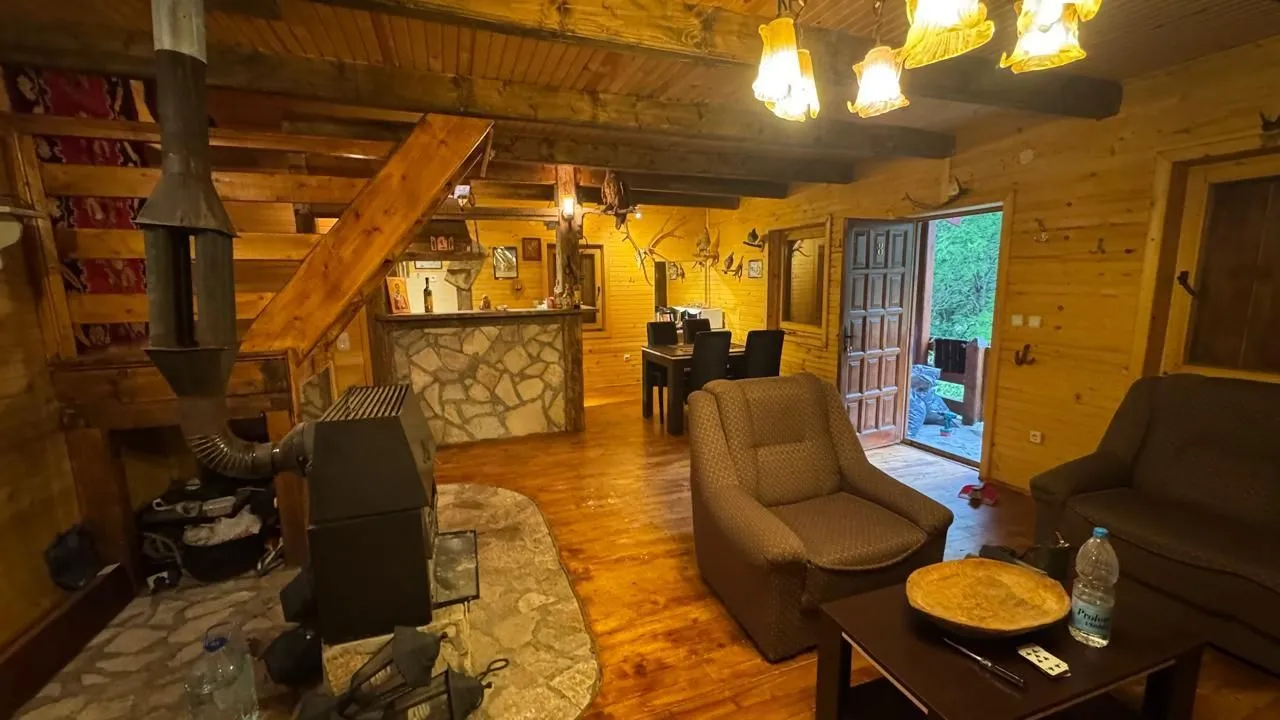 Dnevni boravak u rustičnoj drvenoj kući sa kaminom i garniturom za sjedenje.