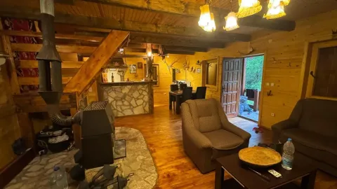 Dnevni boravak u rustičnoj drvenoj kući sa kaminom i garniturom za sjedenje. - image 12