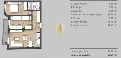 Osnova stana sa prikazom rasporeda prostorija i površina. - image 4