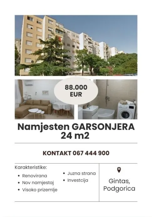Prodaja, garsonjera, 24m², Gintaš, Podgorica