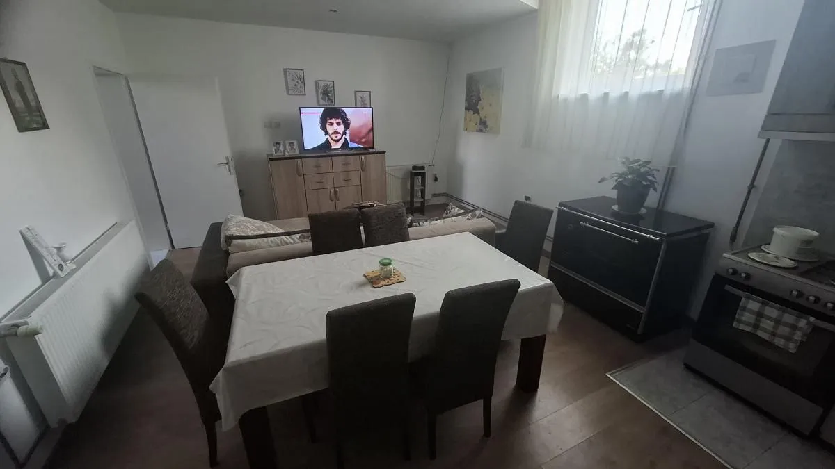 Dnevna soba sa trpezarijom i kuhinjom u pozadini.