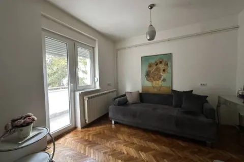 Dnevna soba sa sivom sofom, parketom i izlazom na terasu. - image 3