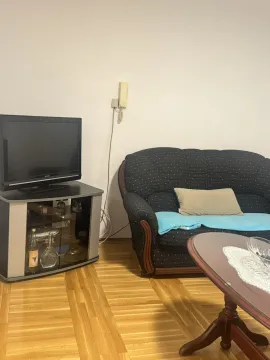 Dnevna soba sa tamnom garniturom za sjedenje i televizorom. - image 6