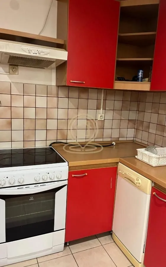 Small kitchen with red cabinets, stove, and dishwasher.