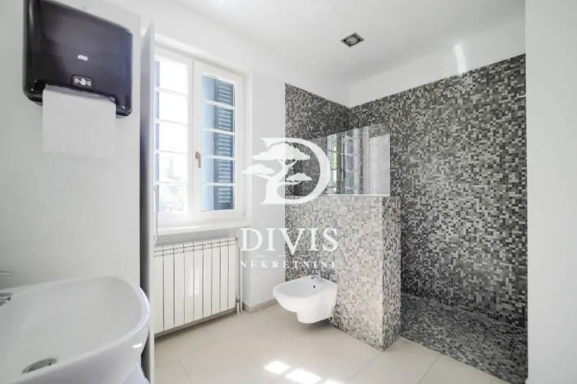 Modern bathroom with a walk-in shower, bidet, and washbasin.