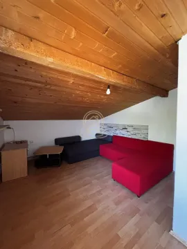 Living room with a sloped wooden ceiling and furniture. - image 21