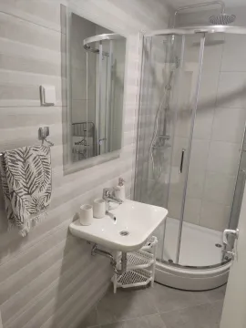 Bright and modern bathroom with a shower cabin and a mirror. - image 10