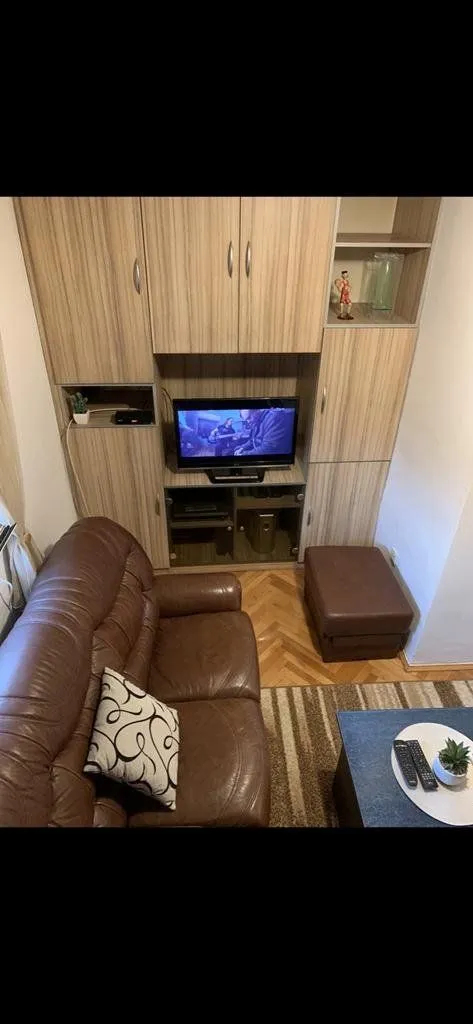 Smaller living room with a leather sofa, TV, and wooden furniture.