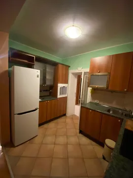 Manja kuhinja sa drvenim elementima i bijelim frižiderom. - image 6