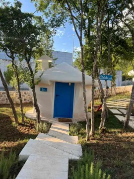 Small unusually shaped cottage with a blue door surrounded by greenery and trees. - image 15