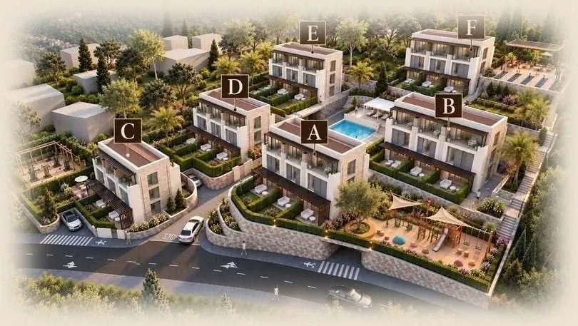 3D render kompleksa zgrada sa bazenom i uređenim dvorištem.