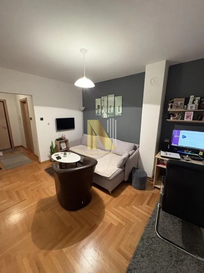 Dnevna soba sa garniturom, foteljom i trpezarijskim delom.