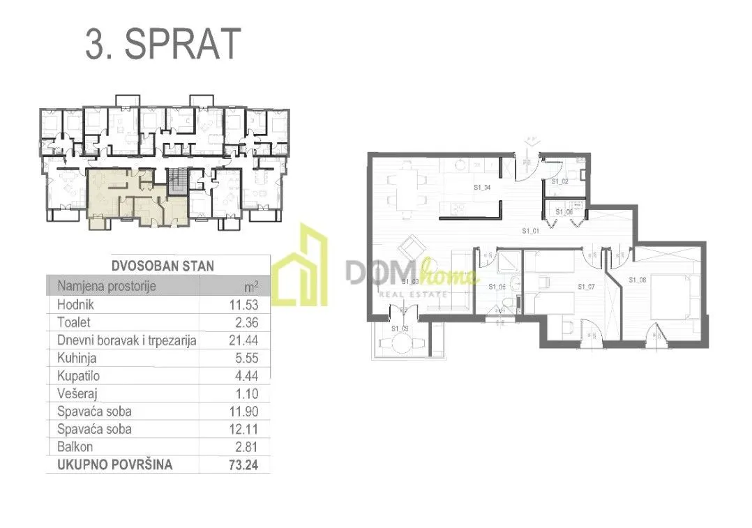 Prodaja, dvosoban stan, 73m², Tološi, Podgorica