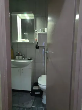 Pogled kroz otvorena vrata na manje kupatilo sa umivaonikom, ogledalom i toaletnom šoljom. - image 7
