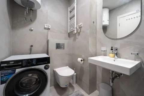 Modernly equipped bathroom with a washing machine, washbasin, and shower area. - image 15