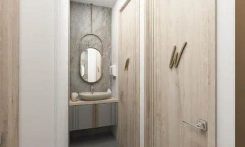Modern bathroom with a washbasin and a mirror in front of wooden doors with signs. - image 6