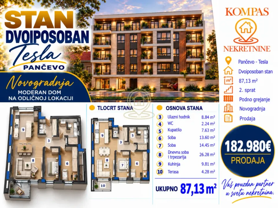 Sale, two bedroom apartment, 87m², Tesla, Pančevo