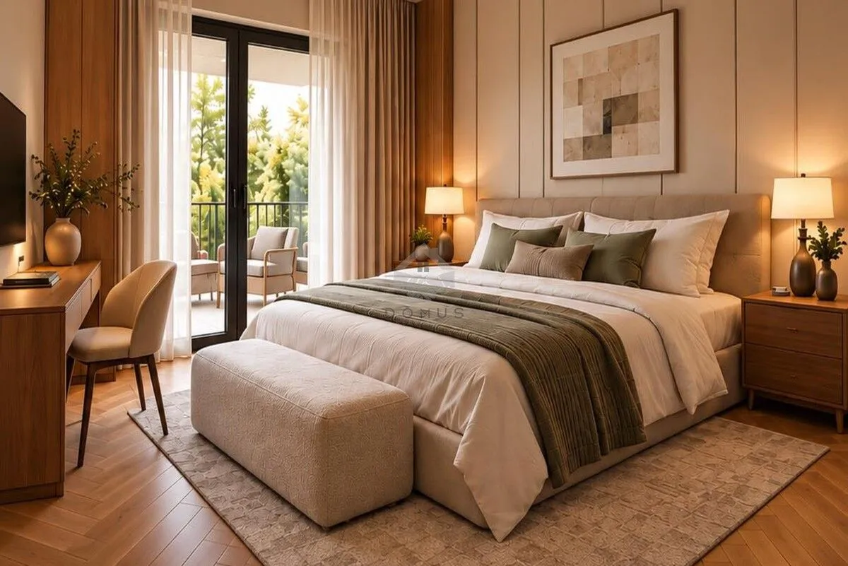 Modern bedroom with a large double bed, desk, and access to the terrace.