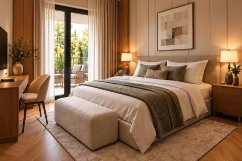 Modern bedroom with a large double bed, desk, and access to the terrace. - image 10