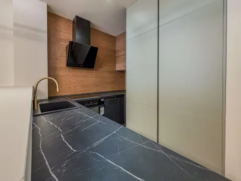 Moderna kuhinja sa tamnim radnim površinama i ugradnim elementima. - image 15