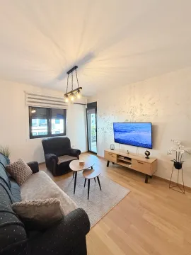Living room with sofa, TV, and coffee table. - image 4