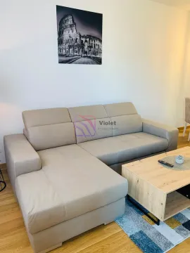 Living room with a sectional sofa, wooden coffee table, and a picture of the Colosseum on the wall. - image 9