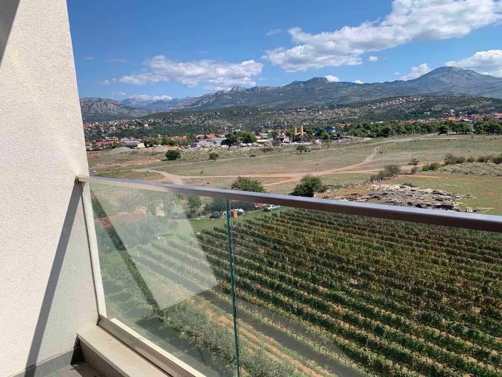 Pogled sa balkona na vinograd i planine u daljini.