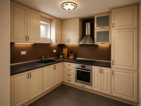 Kuhinja opremljena bež elementima i ugradnim kućnim aparatima. - image 6