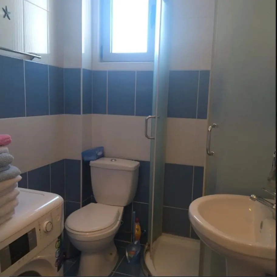 Kupatilo sa tuš kabinom, veš mašinom i plavo-bijelim pločicama.