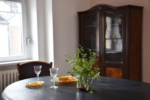 Trpezarijski sto sa staklenim čašama i vazom sa biljkom u enterijeru. - image 7
