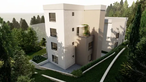 3D vizuelizacija moderne višespratne zgrade okružene drvećem i zelenilom. - image 3